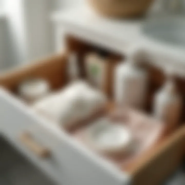 Close-up of a well-organized bathroom drawer filled with essential items