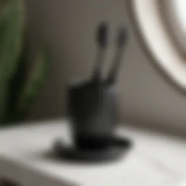 Stylish black porcelain toothbrush holder on a sleek countertop