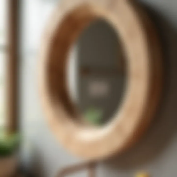 Close-up of a round wood mirror showcasing natural grain patterns