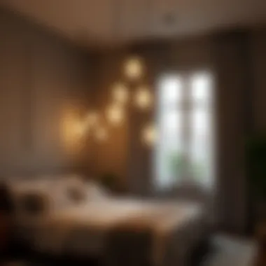 Unique cluster of hanging lights in a modern bedroom