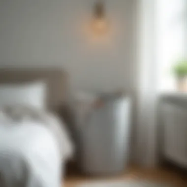 Stylish grey laundry basket paired with minimalist bedroom decor