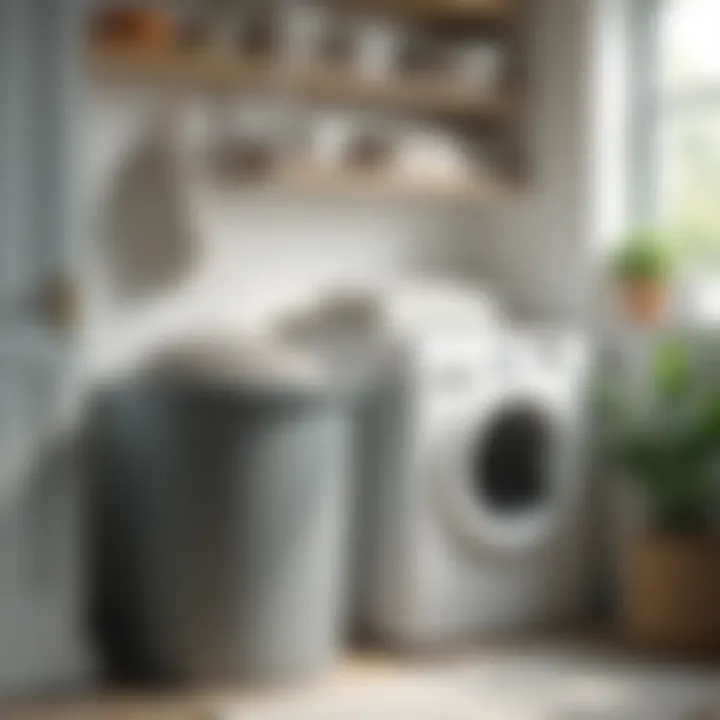 Organized laundry space featuring a large grey basket