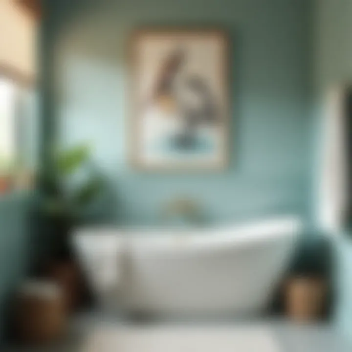 A cozy bathroom setting adorned with pelican motifs and oceanic colors.