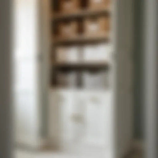 A neatly organized bathroom closet showcasing labeled bins and baskets